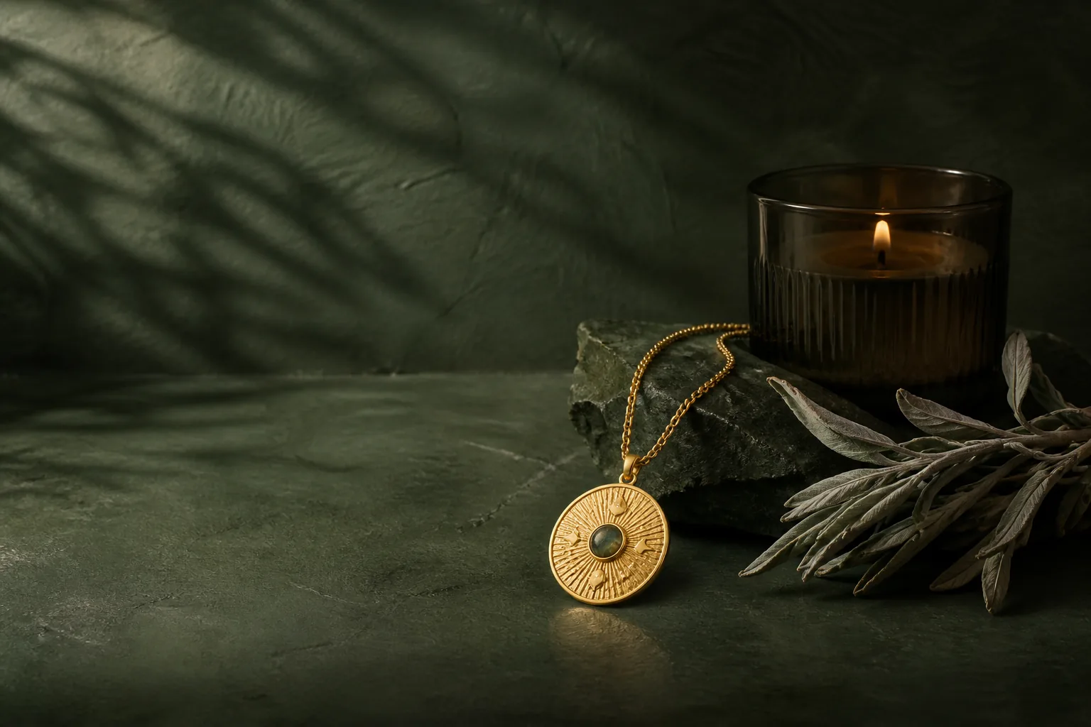 Gold celestial amulet, botanical candle and dried sage on deep green stone